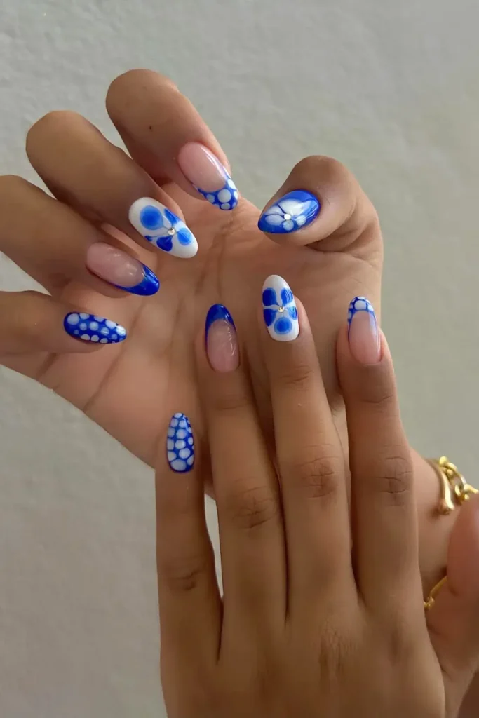 Blue and White Nails With Florals for a Timeless Elegant Manicure