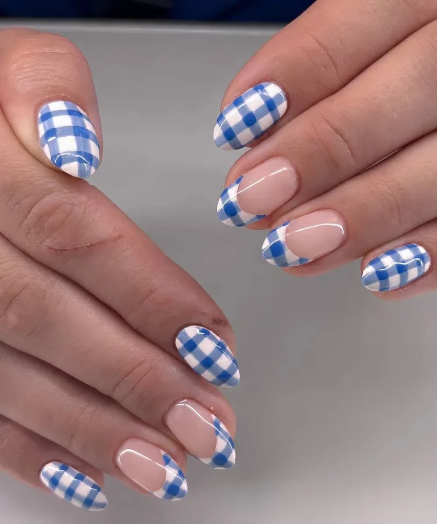 Blue and White Nails With Gingham Checks for a Charming Cottage Style