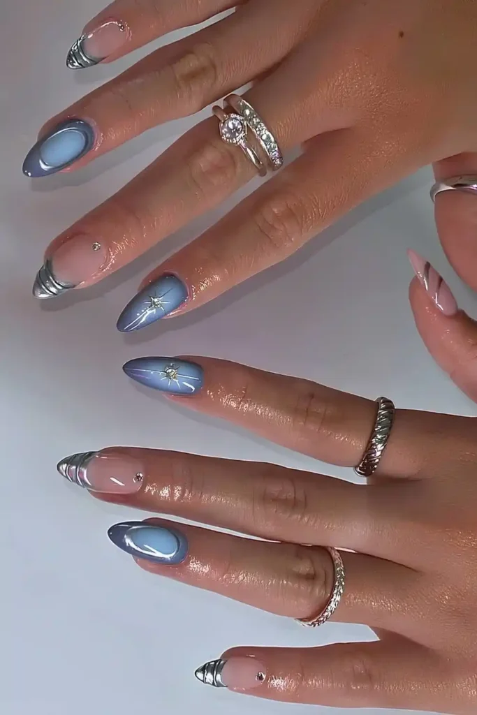 Blue Aura Nails With Silver Chrome Accents That Shine Beautifully