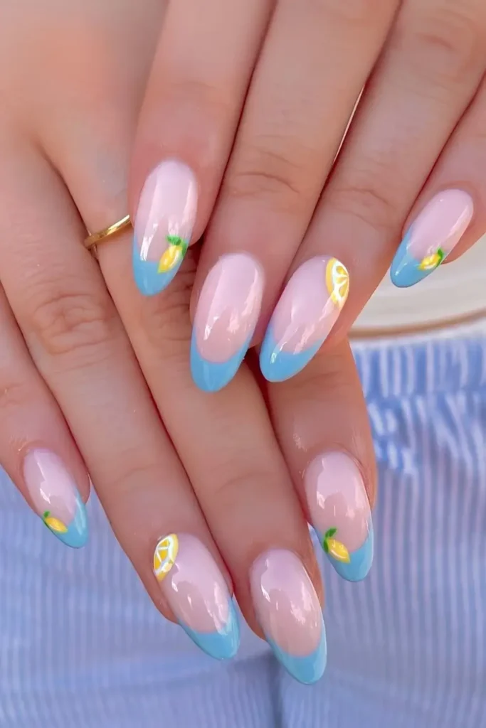 Blue Chrome French Mani With Lemons for a Fresh Look