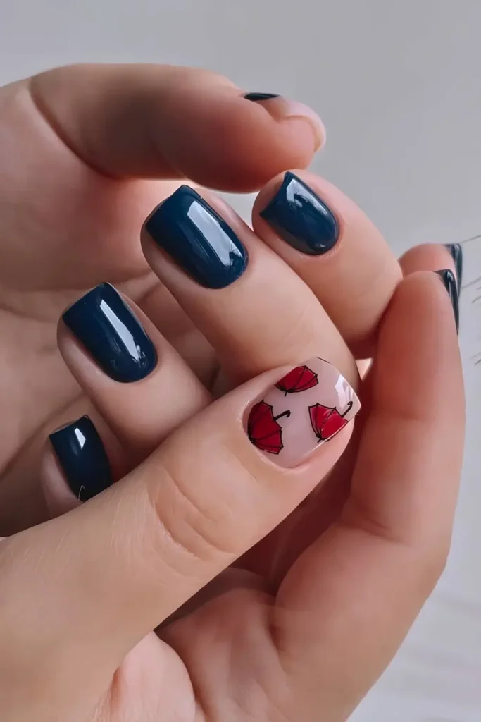 Navy Blue Floral Nails With 3D Flower and Pearl Accents