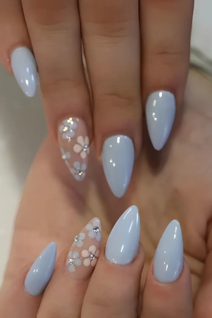 Blue Nails With Florals and Rhinestones That Add Instant Glam