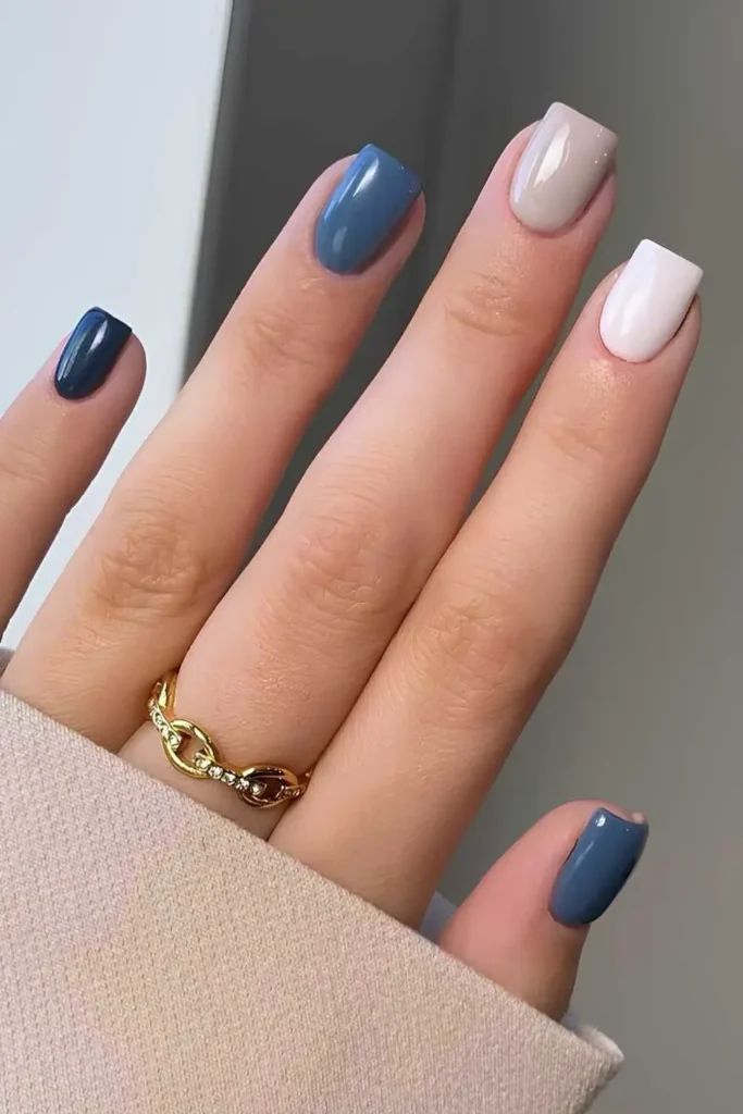 Blue Nails With Neutral Accents for a Chic Style