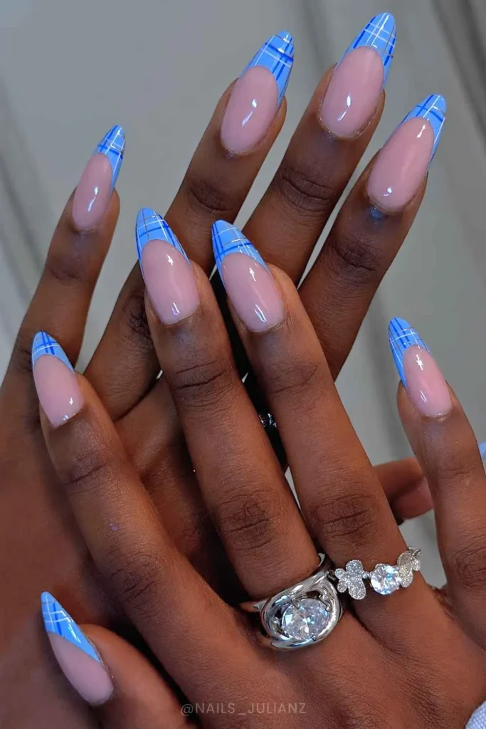 Blue Plaid French Manicure With a Chic Classic Twist
