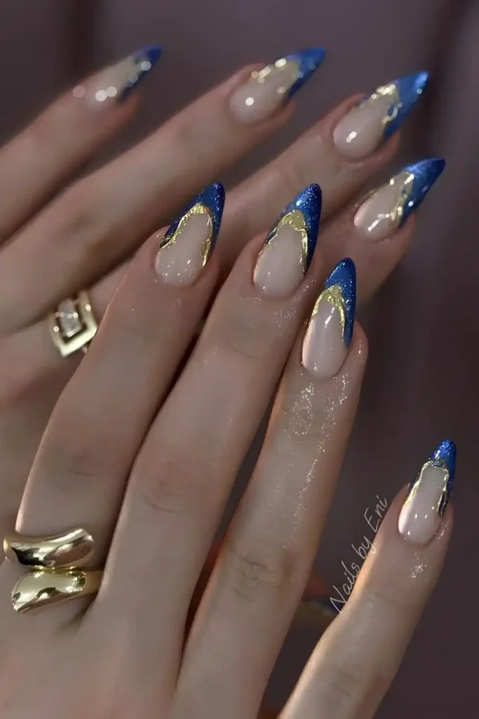 Blue Velvet French Nails With Gold Accents for a Rich Elegant Finish