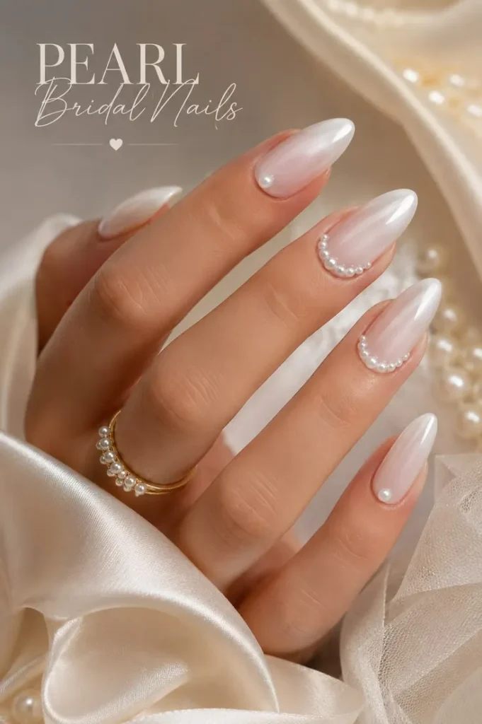 Bridal Milky White Pearl Nails With Delicate Pearl Border Details