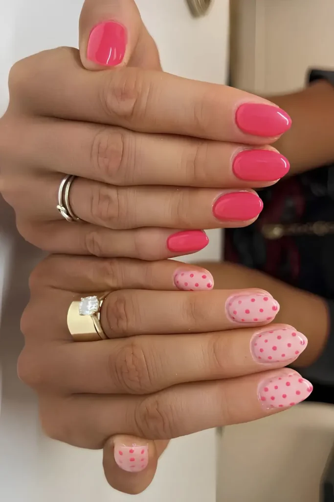 Bright and Light Pink Nails With Polka Dots