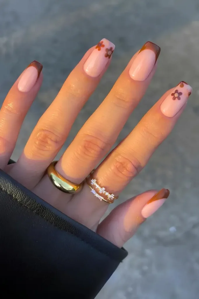 Brown French Mani With Floral Art That Feels Soft and Feminine