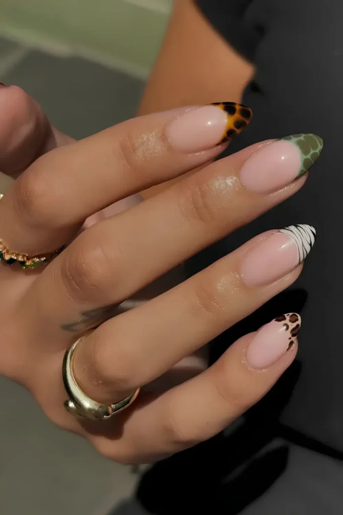 Brown and Green Animal Print French Manicure for a Bold Trendy Style