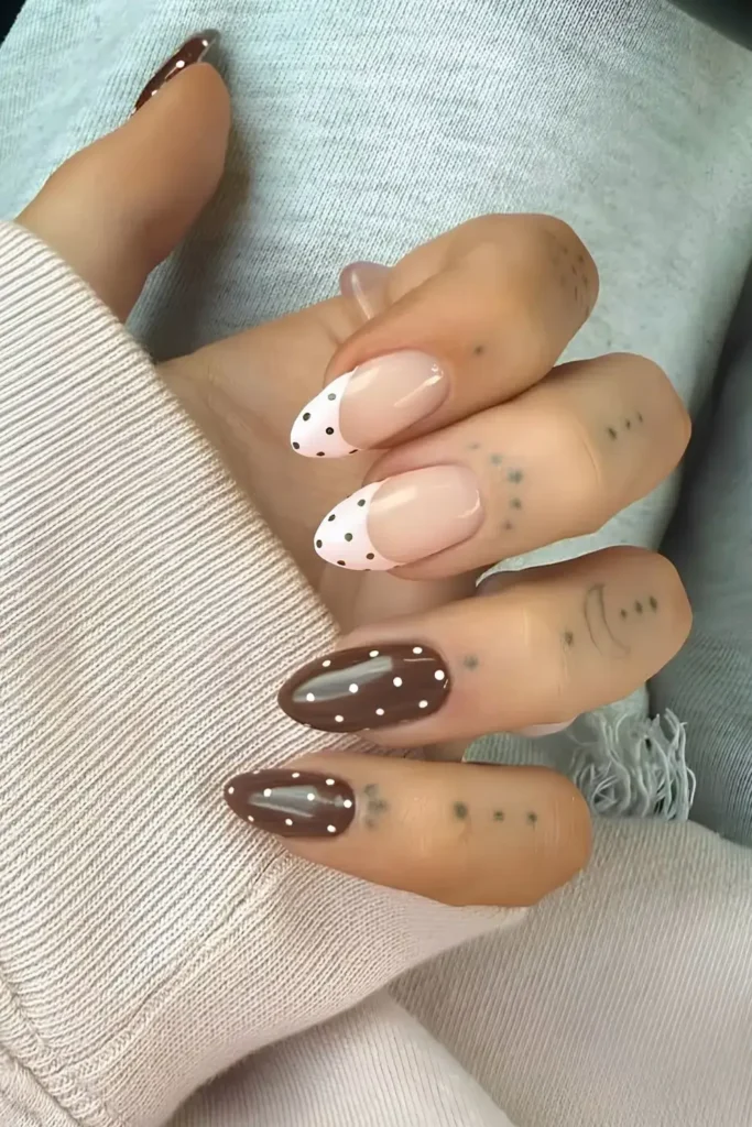 Brown and Pink Nails With Micro Dot Art