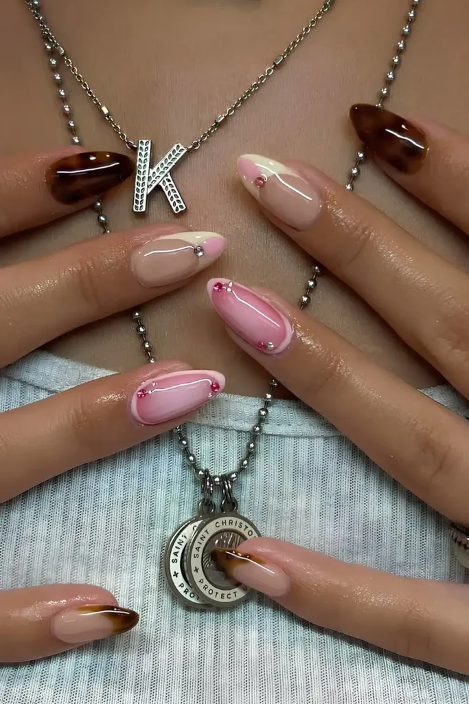 Brown and Pink Nails With Tortoise Shell Accents