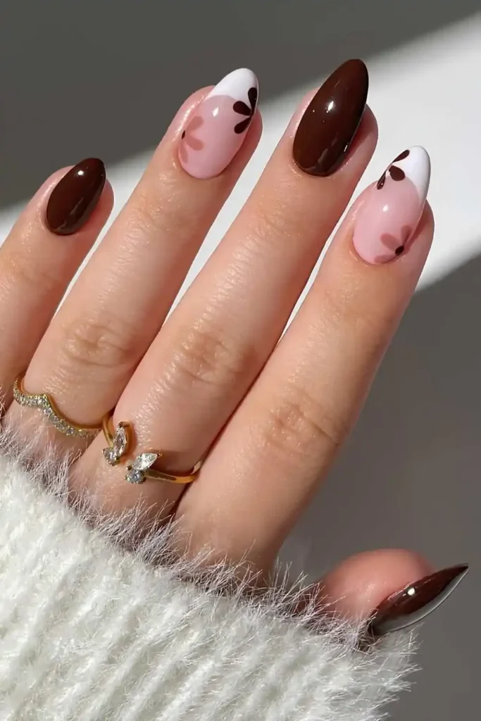 Brown and White Fall Floral Nails You'll Want to Copy