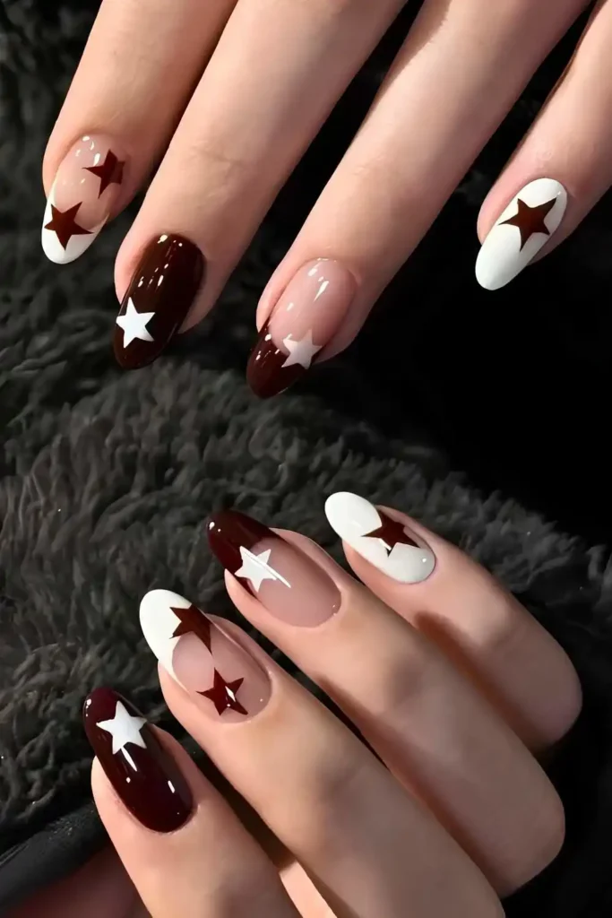 Brown and White Nails With Accent Star Art You'll Love