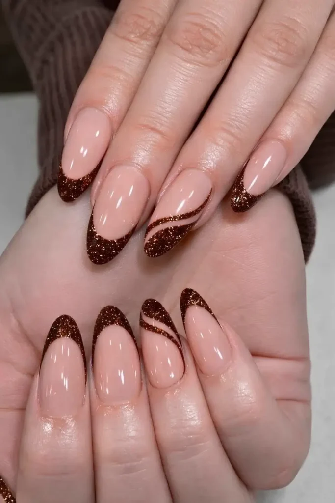 Brown Glitter French Nails for a Chic Seasonal Look