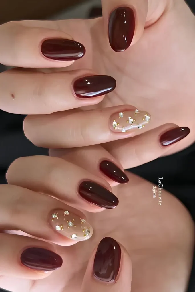 Brown Mani With Accent Gems for a Chic Look