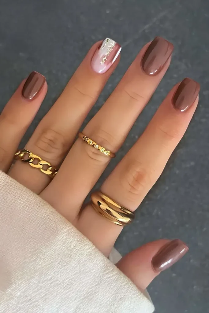 Brown Manicure With Glitter Accent Nail That Adds Instant Sparkle