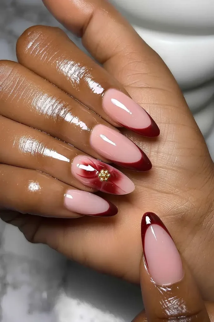 Burgundy French Nails With Blooming Gel Flower Accent That Looks Stunning