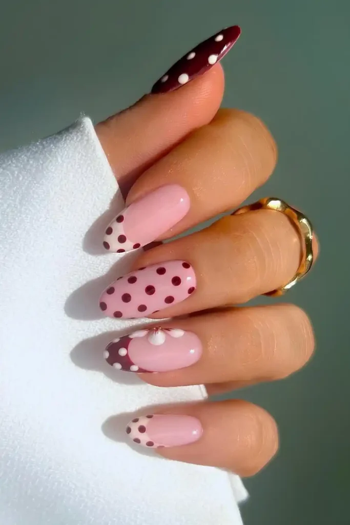 Burgundy and Beige Nails With Polka Dots That Stand Out