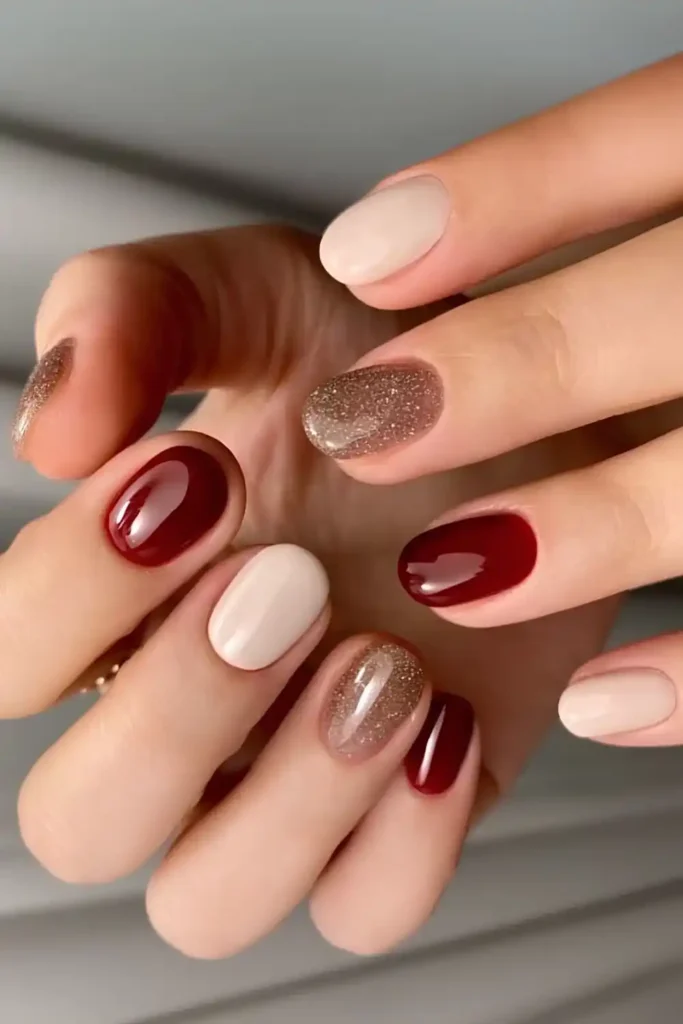Burgundy and White Nails With Glitter That Add Instant Glam