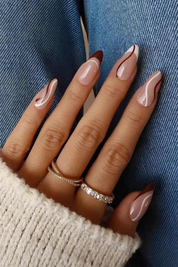 Burgundy and White Swirly French Nails for a Chic Elegant Look