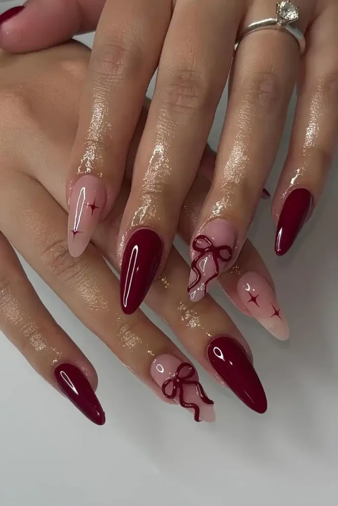 Burgundy Coquette Mani With 3D Bows for a Feminine Touch