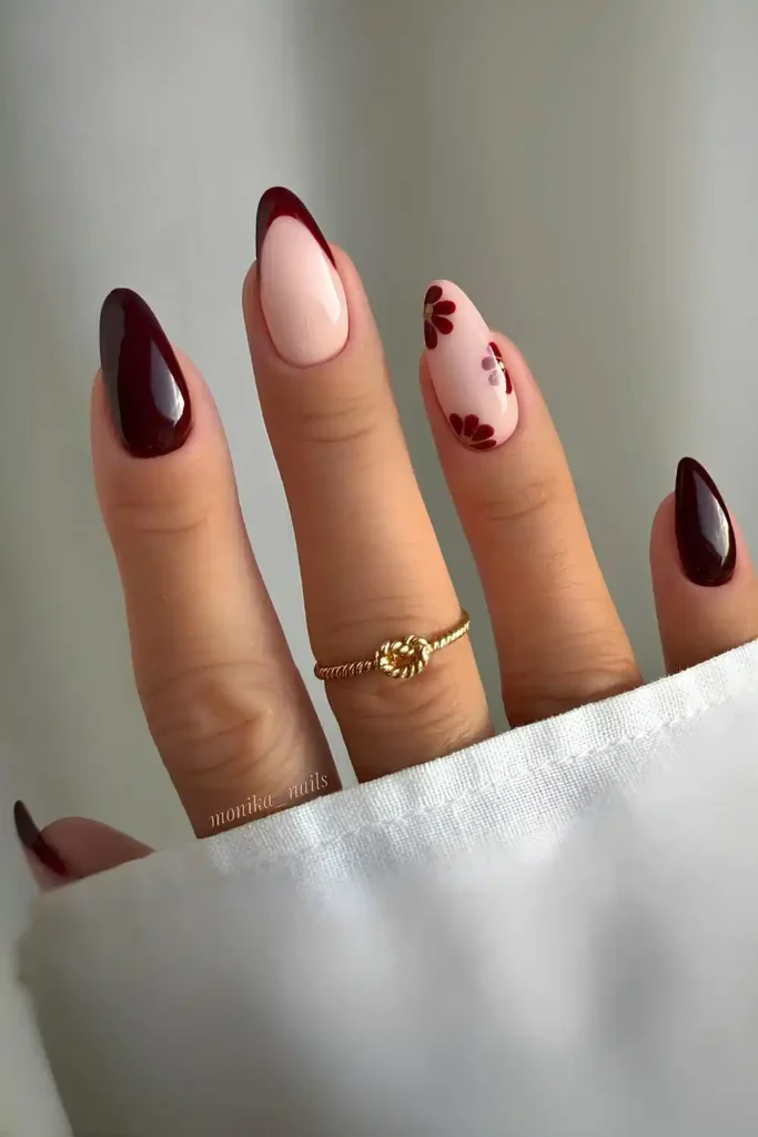 Burgundy Floral Manicure With Beautiful Bloom Details