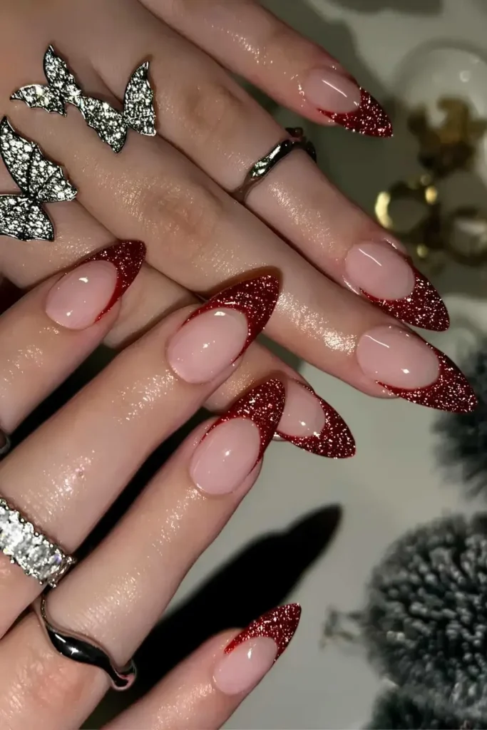 Burgundy Glitter French Mani for a Bold Elegant Look