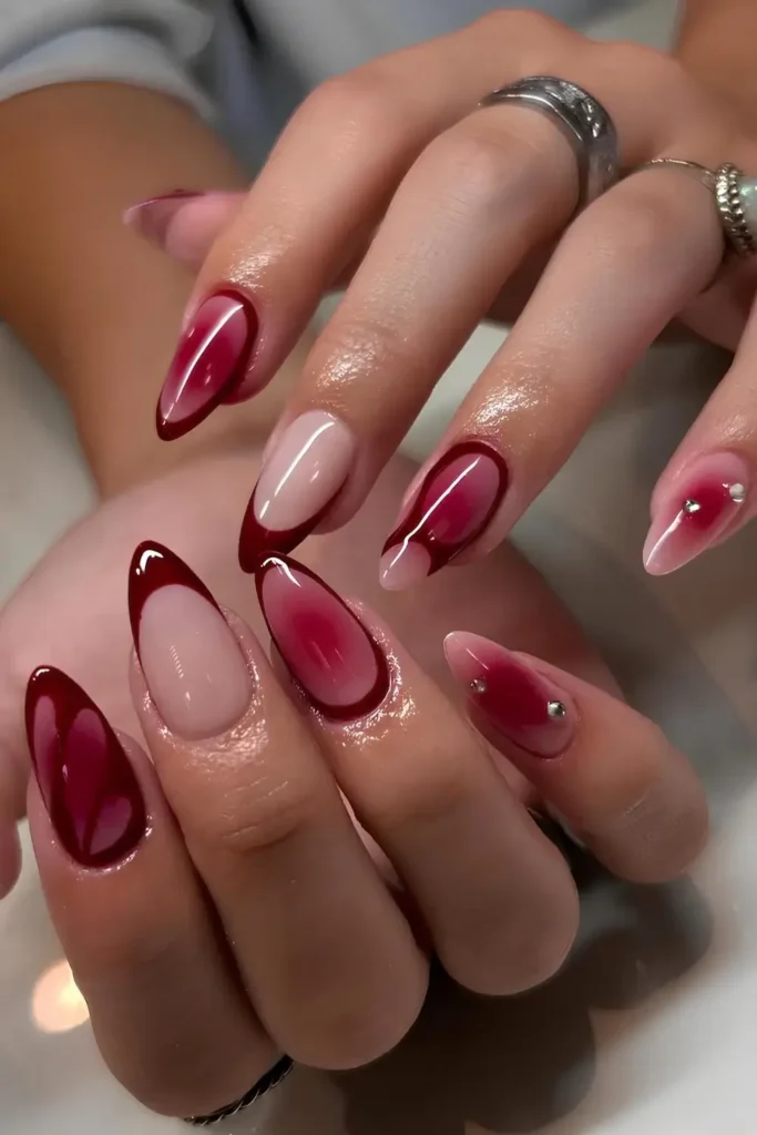 Burgundy Nails With Silver Chrome Accents
