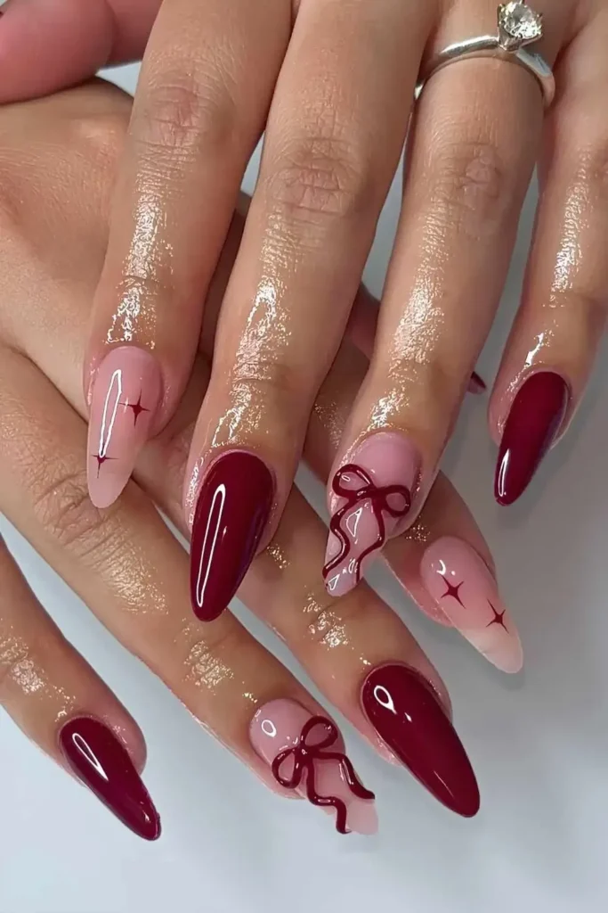 Burgundy Nails With 3D Bows and Star Art