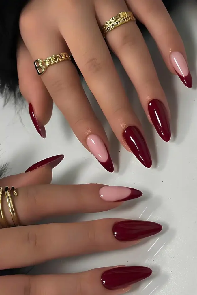 Burgundy Nails With Accent French Tips That Never Go Out of Style