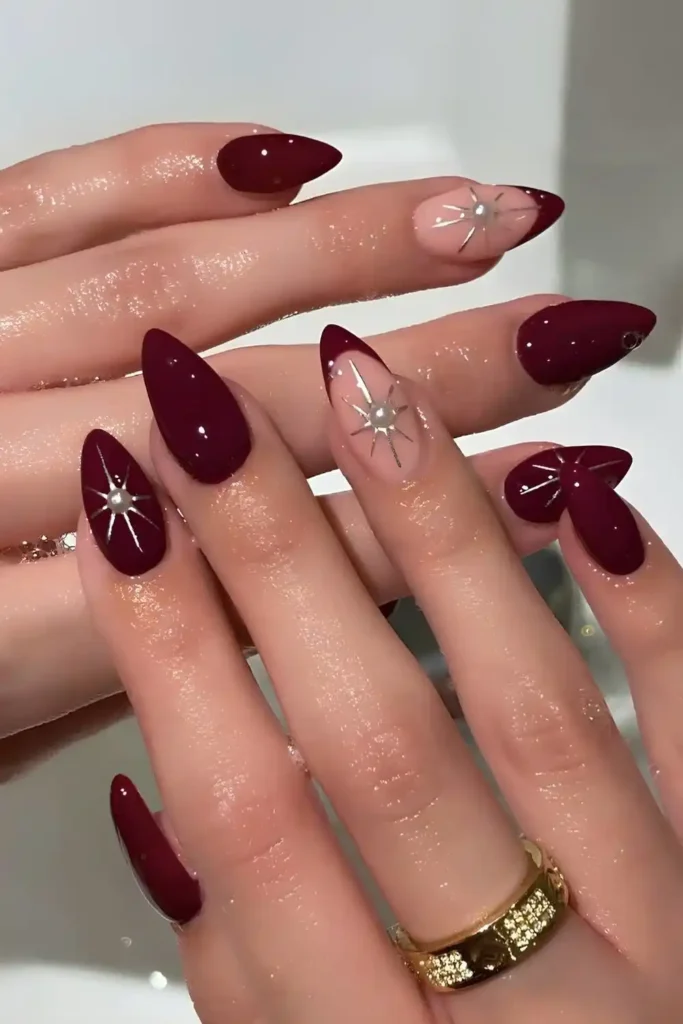 Burgundy Nails With Accent Celestial Art That Look Magical
