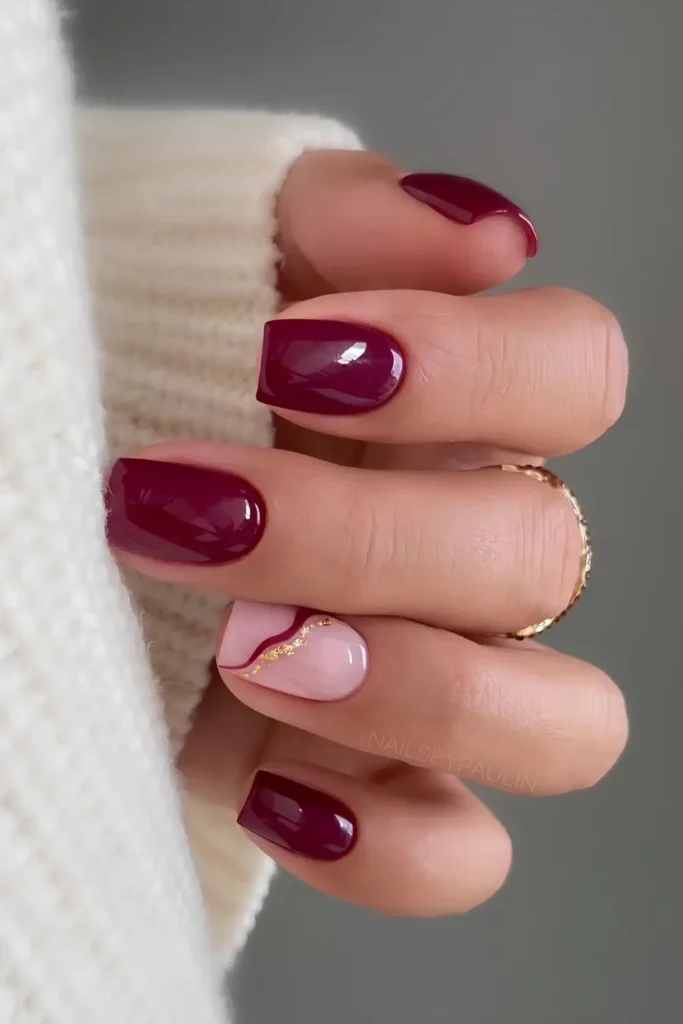 Burgundy Nails With Accent Gold Lines for a Sophisticated Luxe Finish
