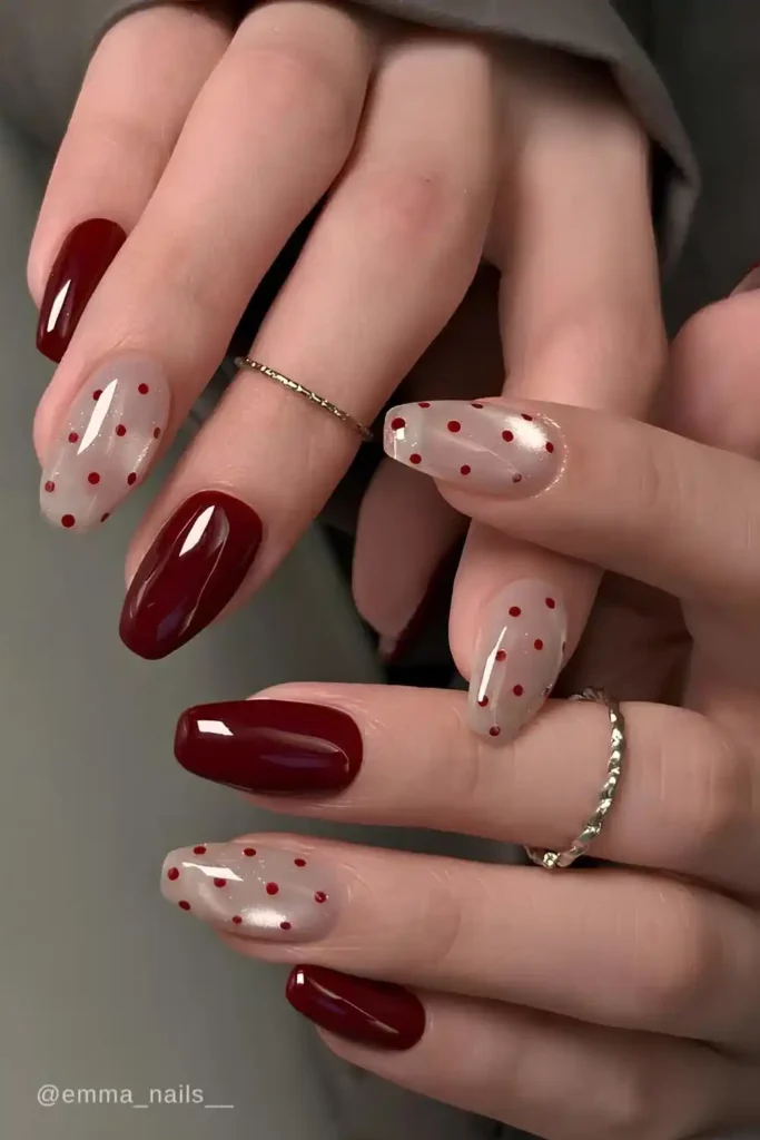 Burgundy Nails With Cat Eye and Polka Dot Accents You'll Love