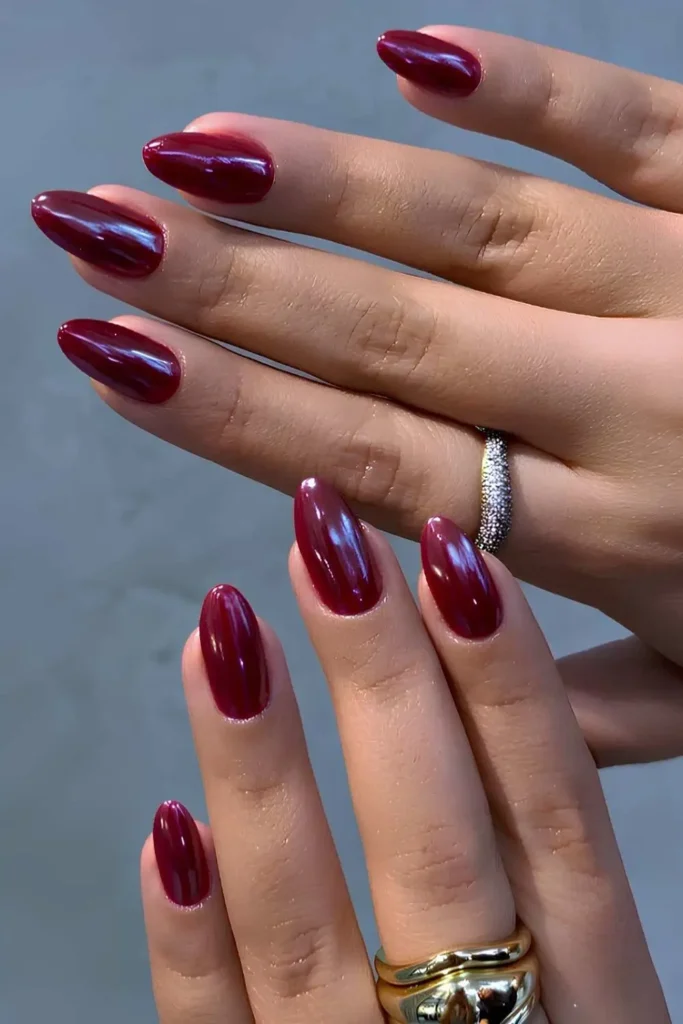 Burgundy Nails With Chrome Finish for a Luxe Look