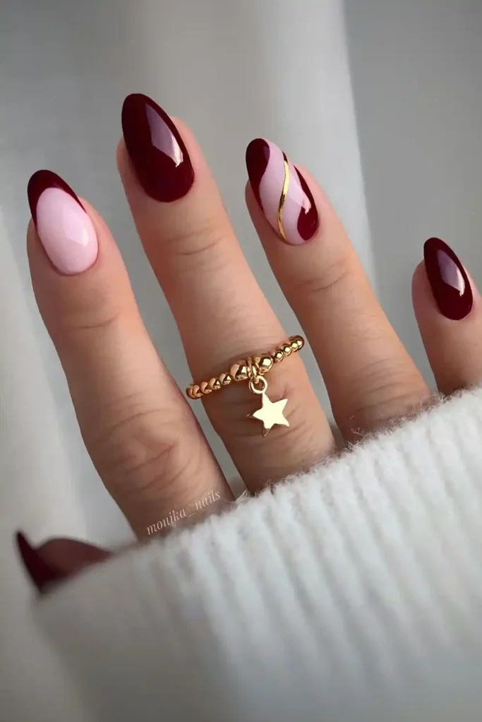 Burgundy Nails With Negative Space and Gold Accents That Look Luxurious