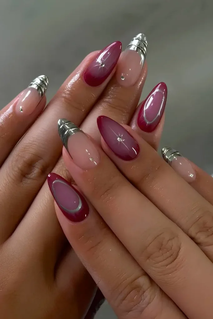Deep Red Nails With Silver Bow Art
