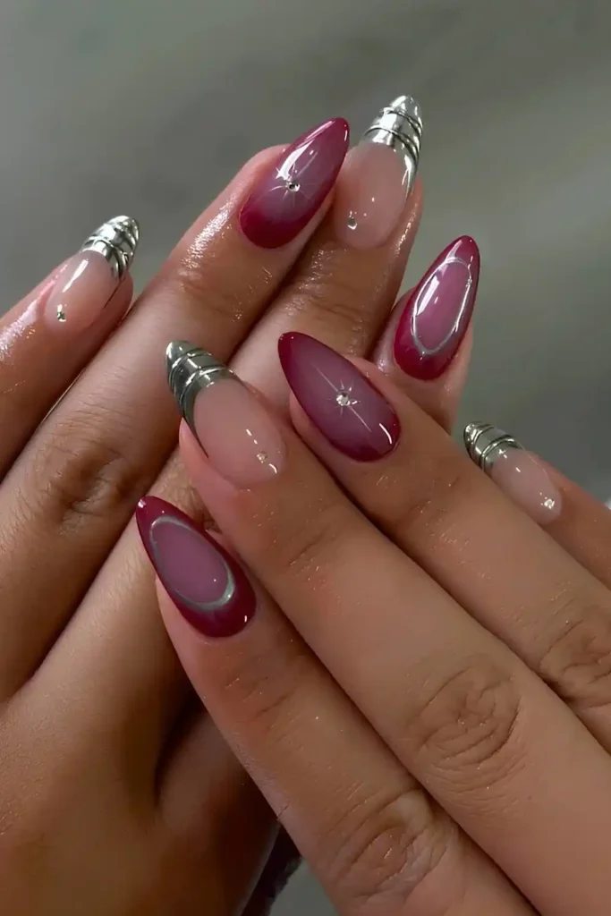Burgundy Nails With Silver Chrome Accents That Sparkle Beautifully