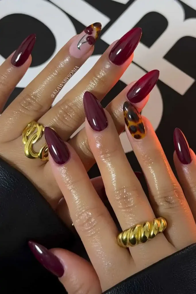 Burgundy Nails With Tortoise Shell and Cherry Art You'll Love