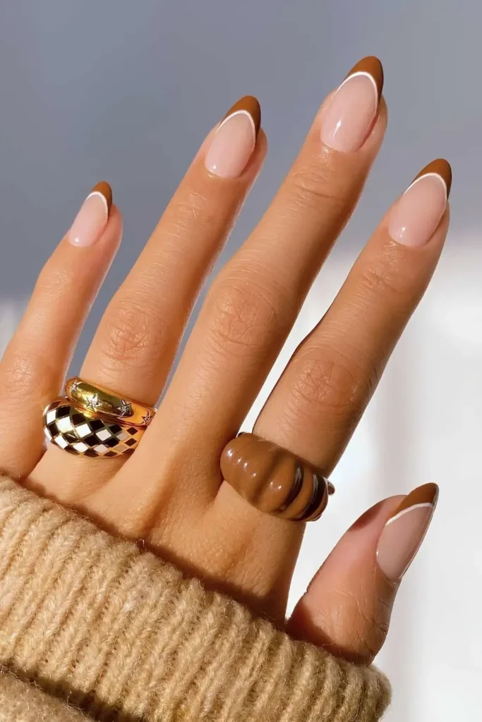 Caramel Brown French Mani With White Outlines for a Sophisticated Style