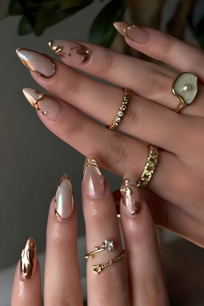 Cat Eye Nails With Gold Flowers and Lines That Look Magical