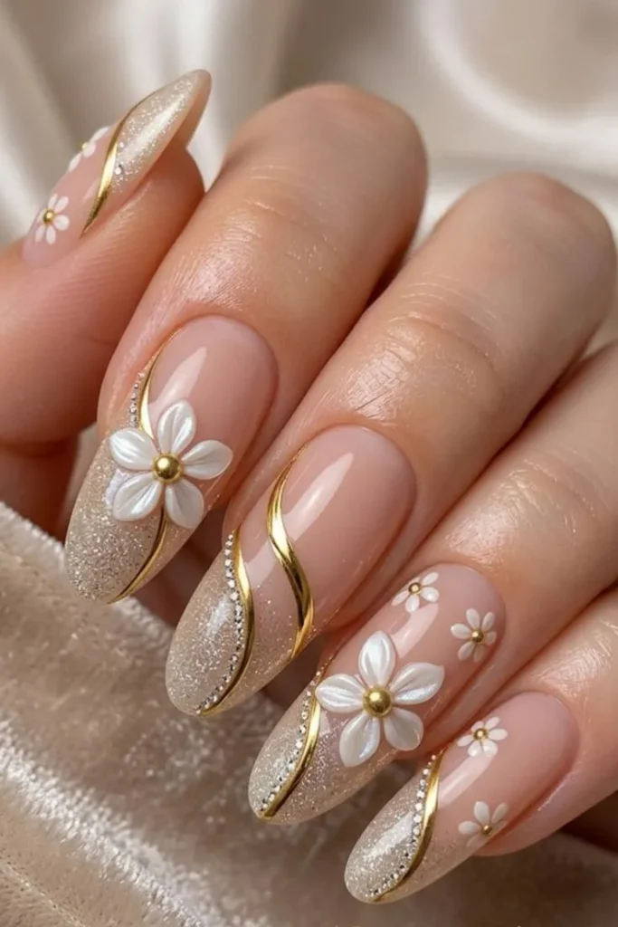 Champagne Glitter Nails With Gold Swirls and Daisy Accent
