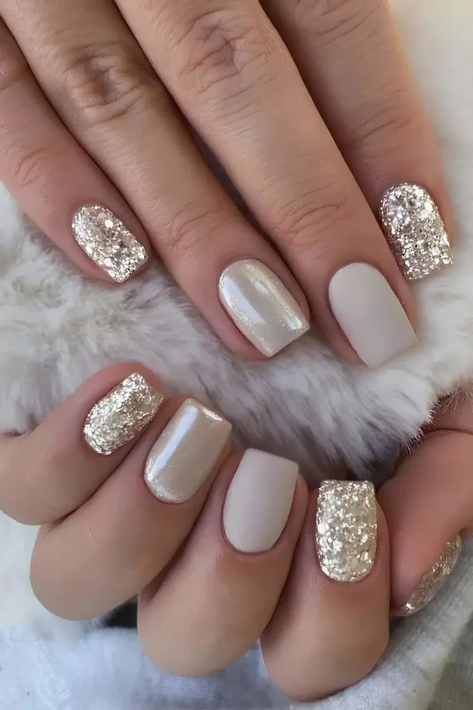 Champagne Gold Nails With Glitter Accents That Shine