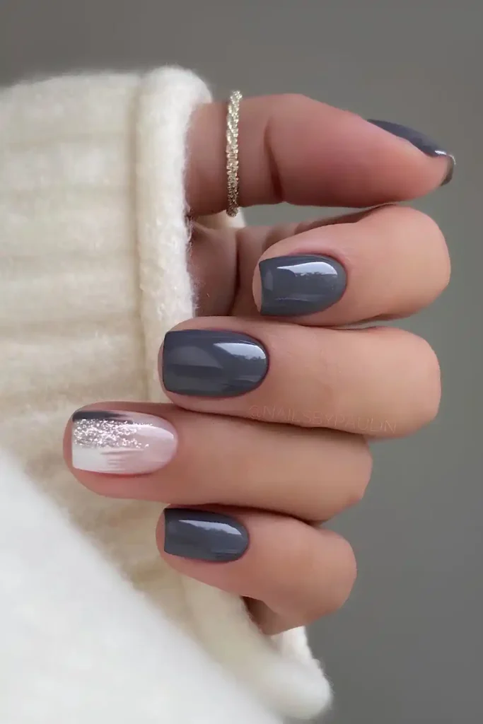 Charcoal Gray Nails With Glitter Accent for a Bold Glam Style