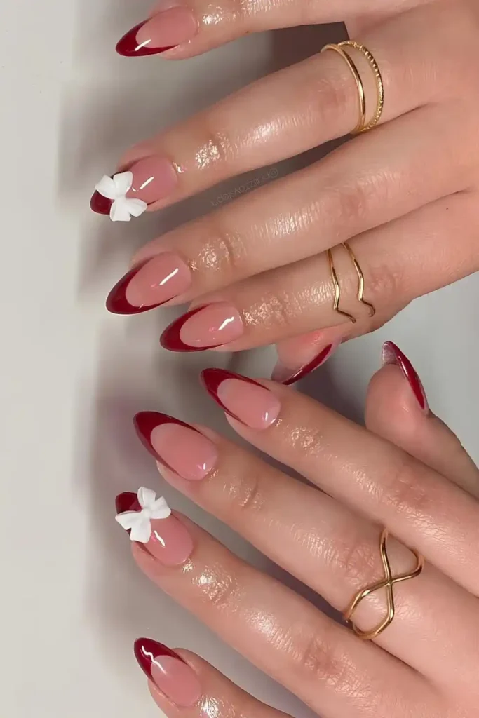 Cherry Red French Almond Mani With 3D White Bow Accent You'll Love