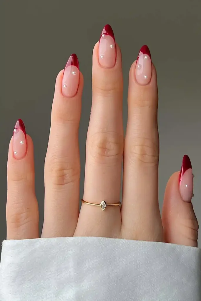 Cherry Red French Mani With Pearls That Feels Rich and Elegant