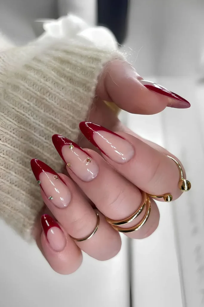 Cherry Red French Nails With Rhinestones That Feel Luxurious