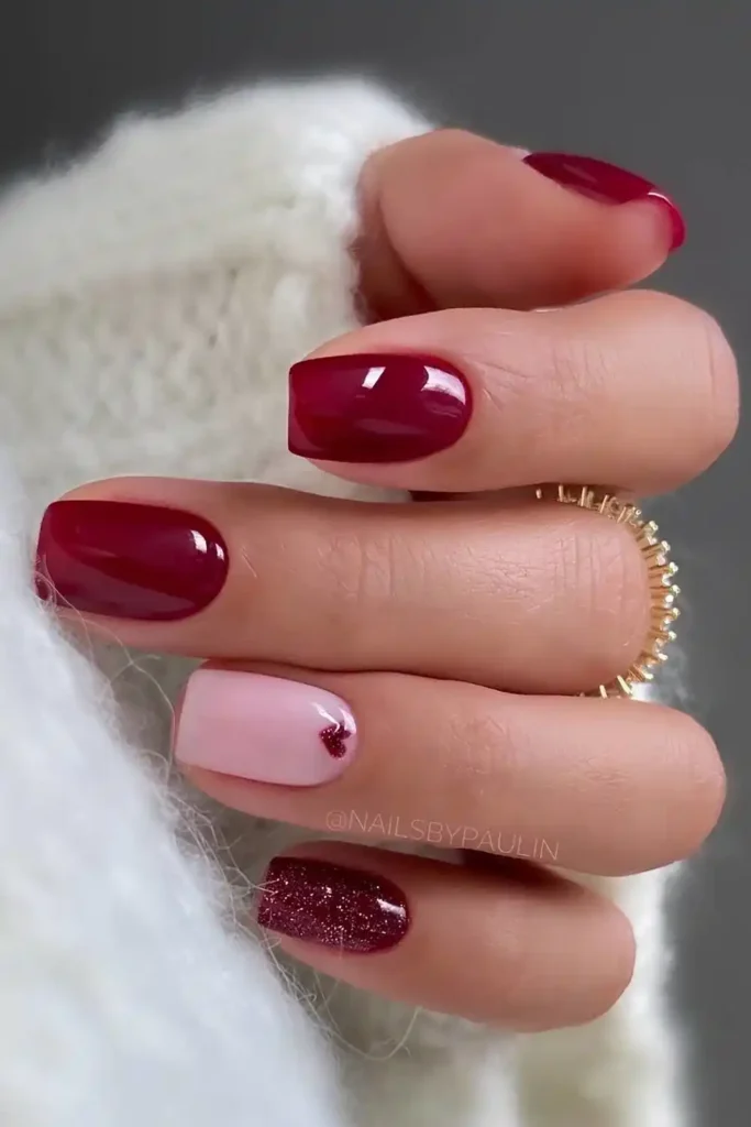 Cherry Red Mani With Glitter and Hearts for a Romantic Look