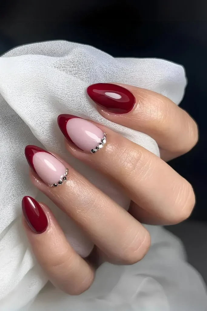 Cherry Red Nails With Qtip Accent French Tips and Gems