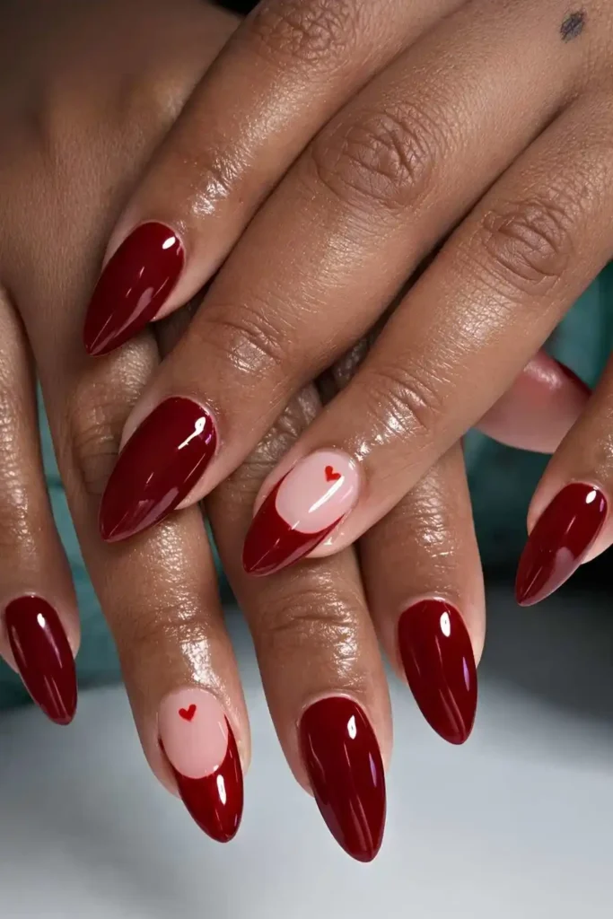 Cherry Red Nails With Micro Heart Art That Look Sweet and Romantic
