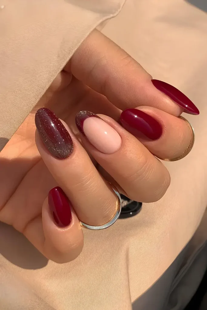 Cherry Red Nails With Subtle Glitter That Sparkle Beautifully